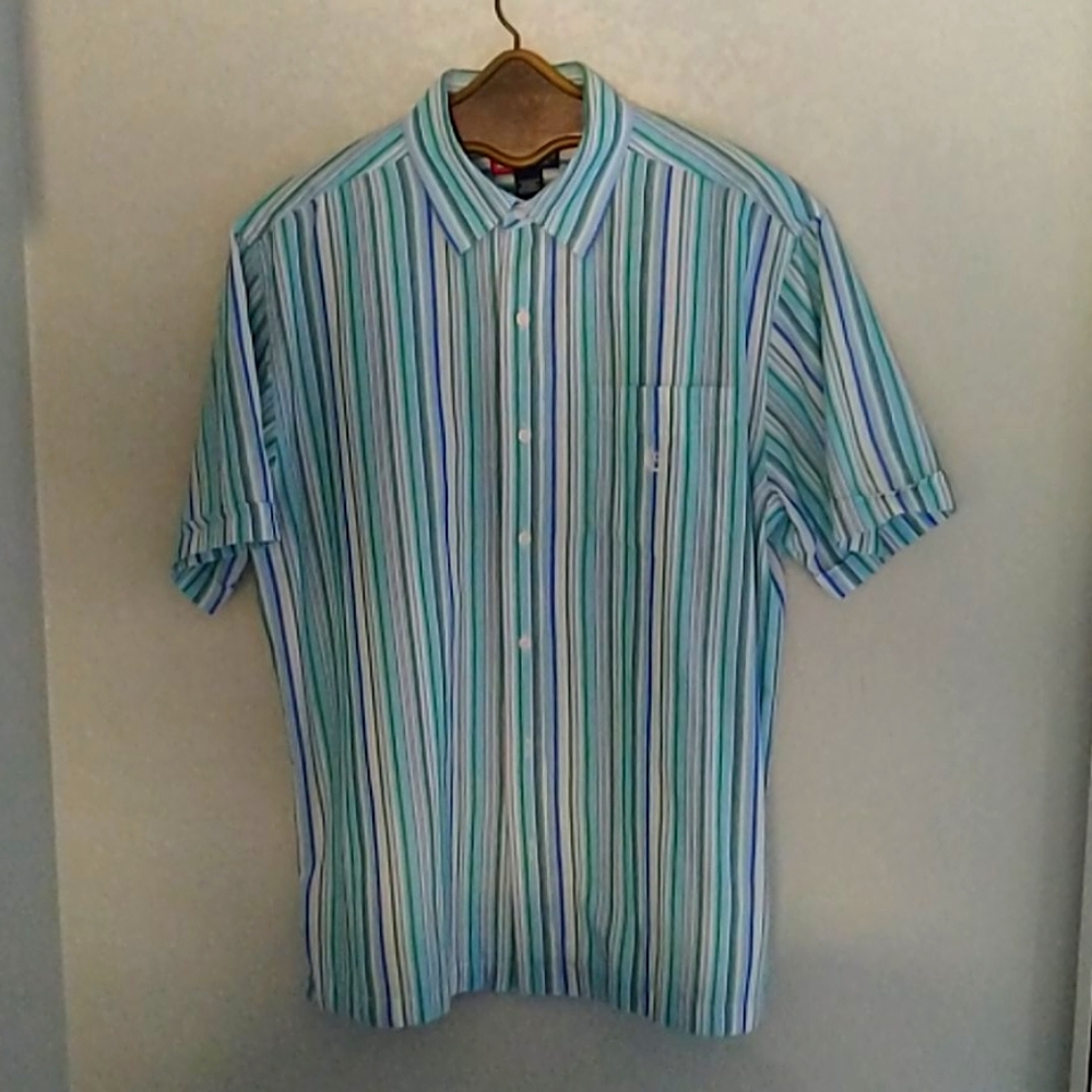 Chaps men striped blue green white buttoned shirt